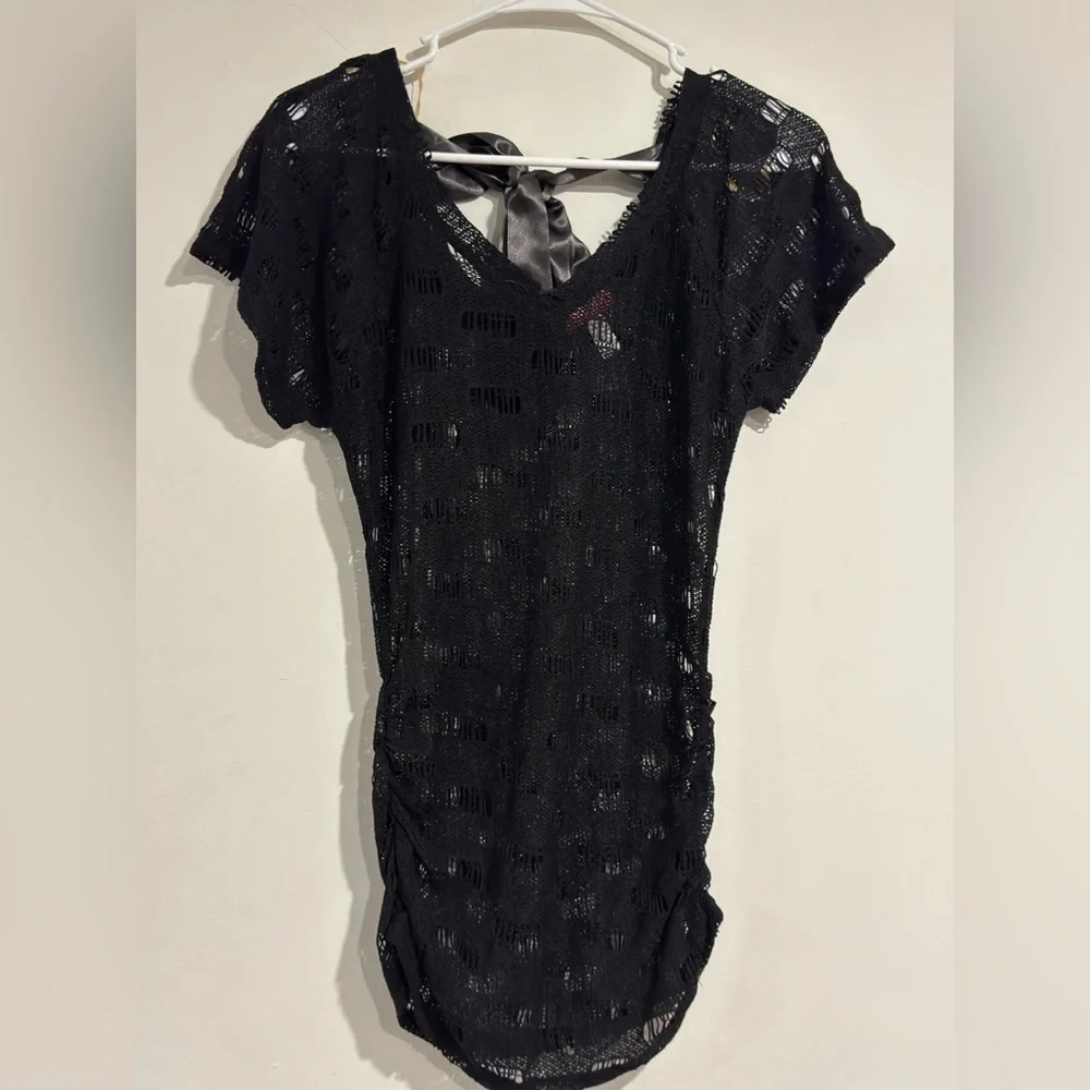 Si Designs Black Crochet Swim Cover Up Dress Ruched Tie Back Beachwear Size S